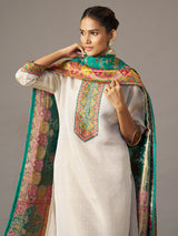 Off white cotton blend kurti set with multicolor jacquard dupatta