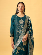 Deep teal green silk blend kurti set with floral embroidery