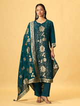 Deep teal green silk blend kurti set with floral embroidery