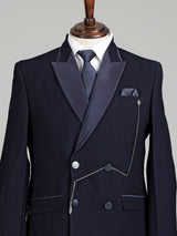 Midnight navy double-breasted tuxedo suit with metallic brooch