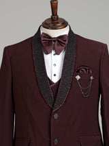 Wine maroon three-piece tuxedo suit with crystal brooch