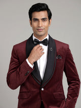 Rich maroon tuxedo suit with black satin shawl lapel