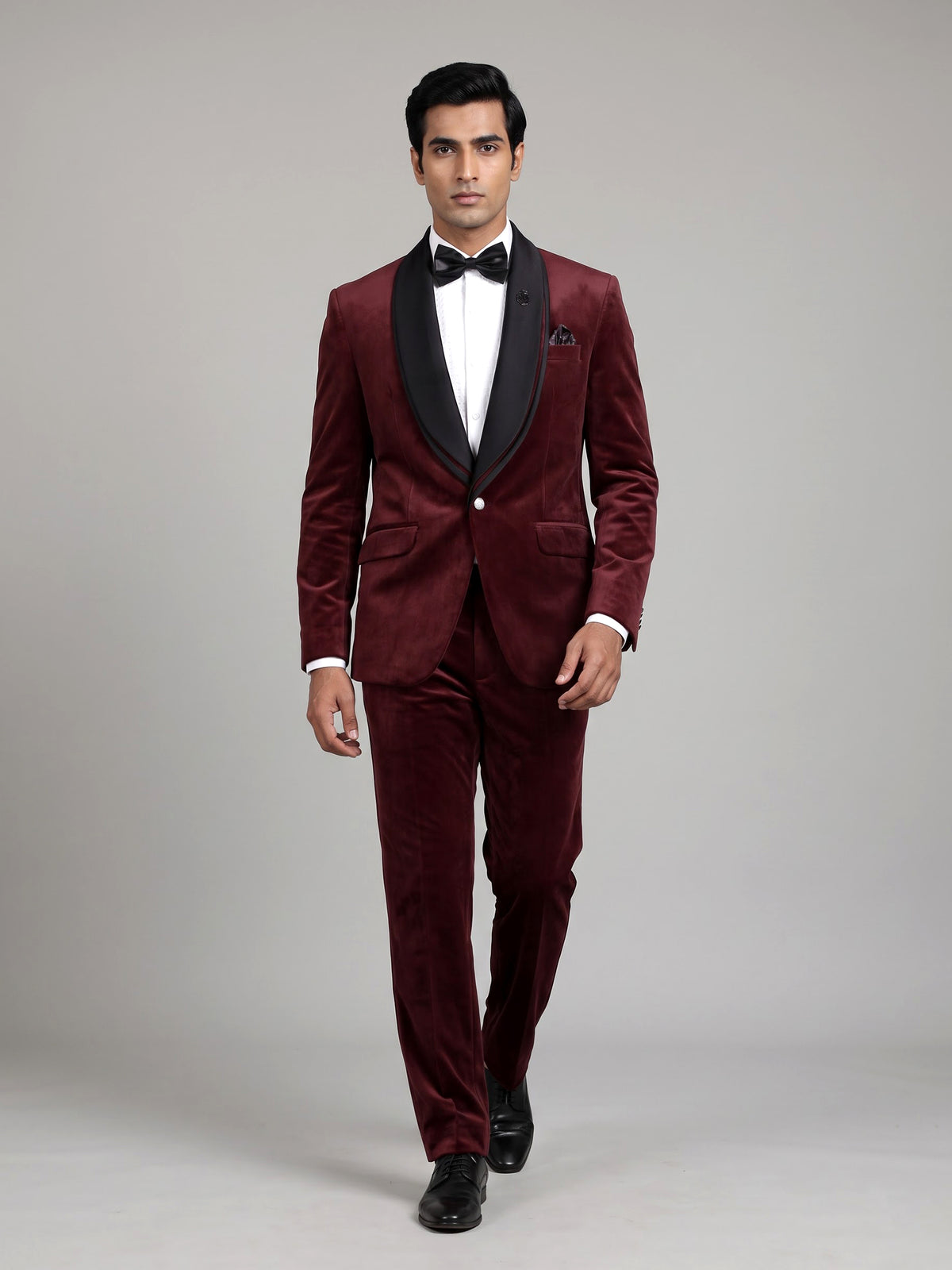 Rich maroon tuxedo suit with black satin shawl lapel