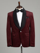 Rich maroon tuxedo suit with black satin shawl lapel