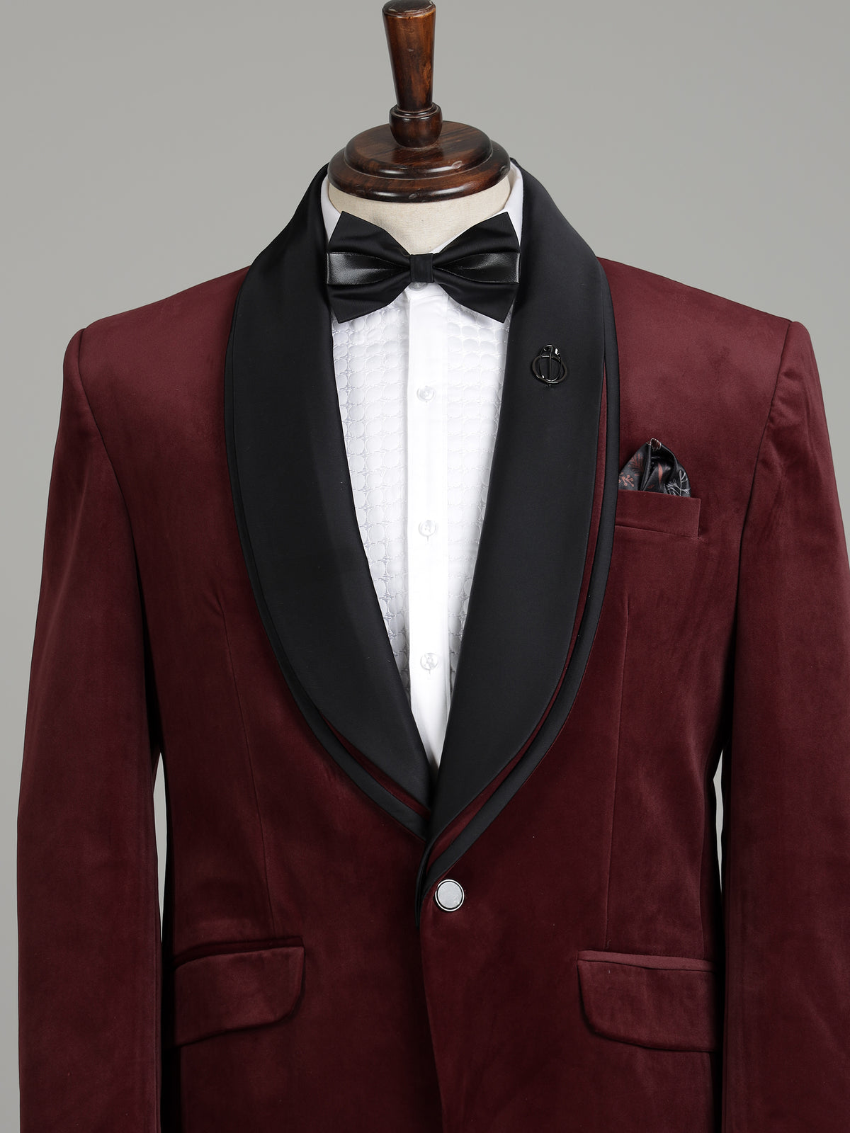 Rich maroon tuxedo suit with black satin shawl lapel