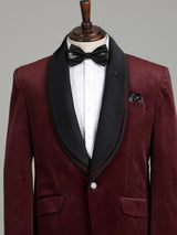 Rich maroon tuxedo suit with black satin shawl lapel