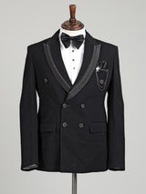 Jet black double-breasted tuxedo suit with crystal-bead piping