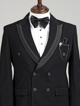 Jet black double-breasted tuxedo suit with crystal-bead piping