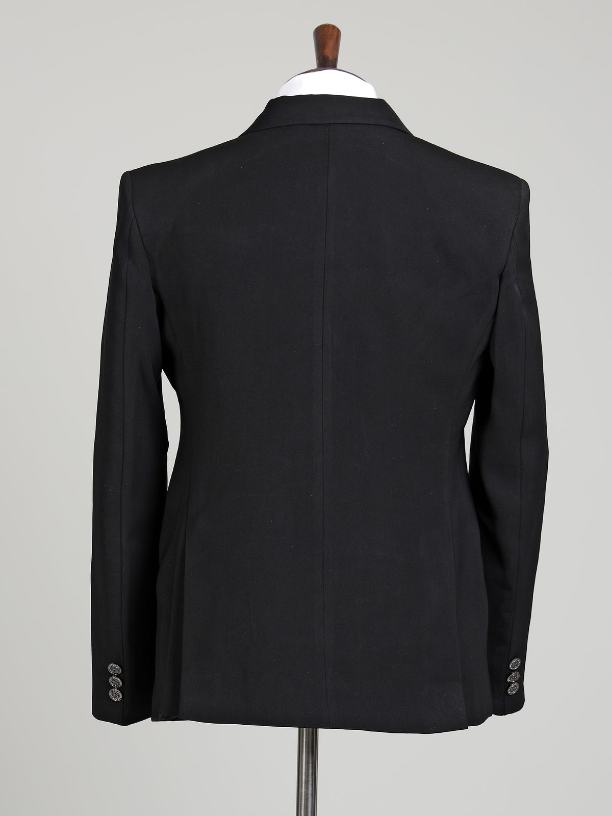 Jet black double-breasted tuxedo suit with crystal-bead piping
