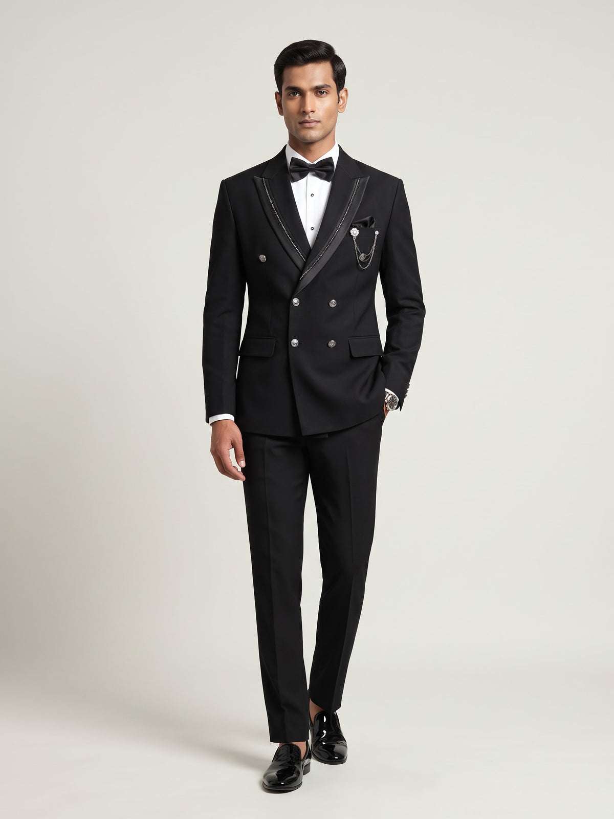 Jet black double-breasted tuxedo suit with crystal-bead piping