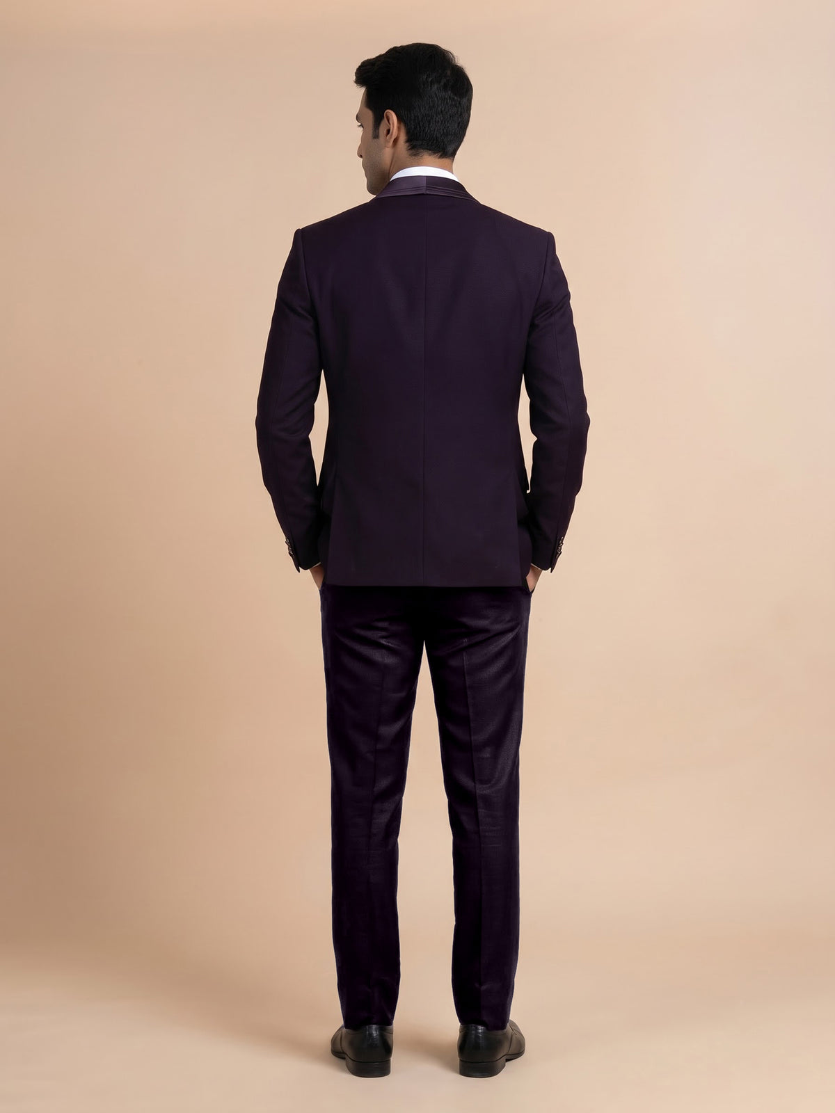 Midnight wine three-piece tuxedo suit with pleated satin lapel