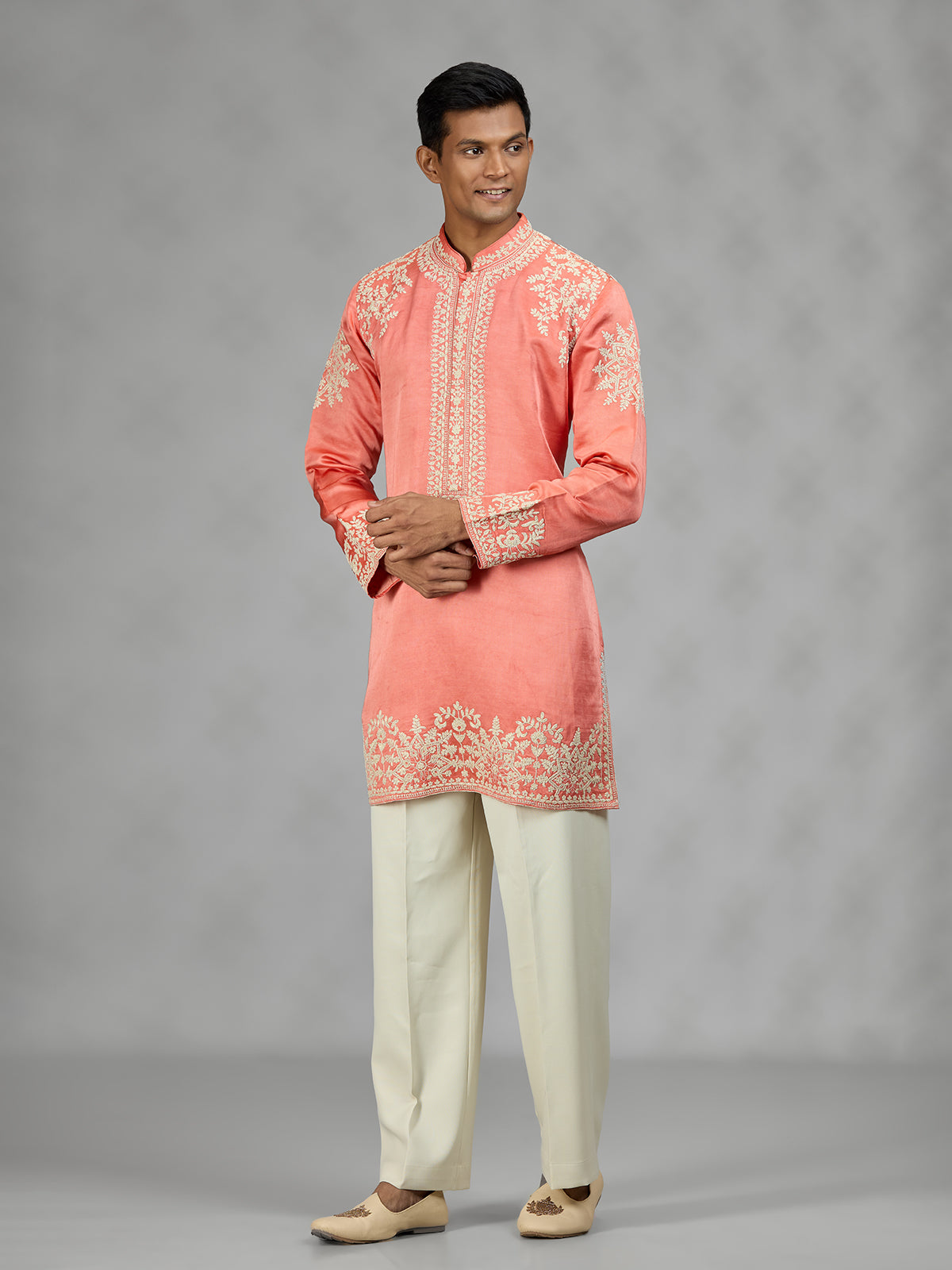 Coral peach floral mens kurta suit