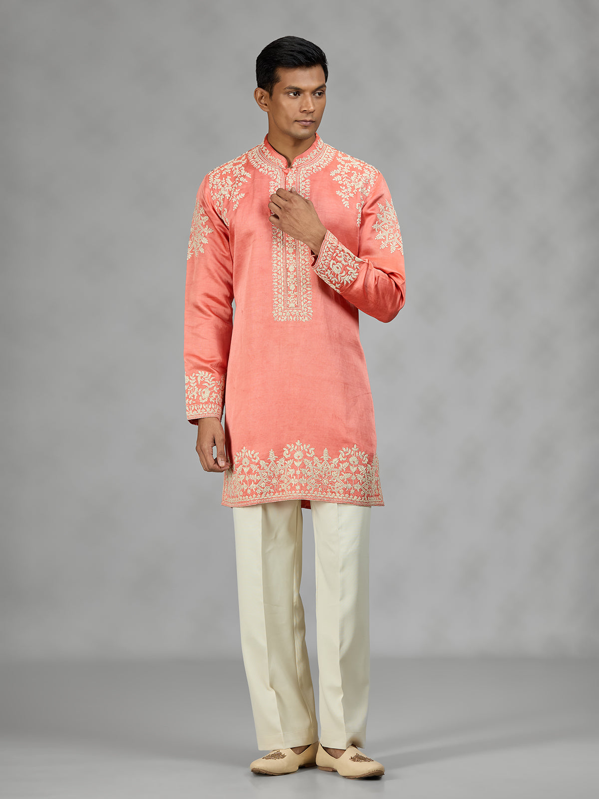 Coral peach floral mens kurta suit