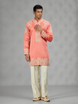 Coral peach floral mens kurta suit