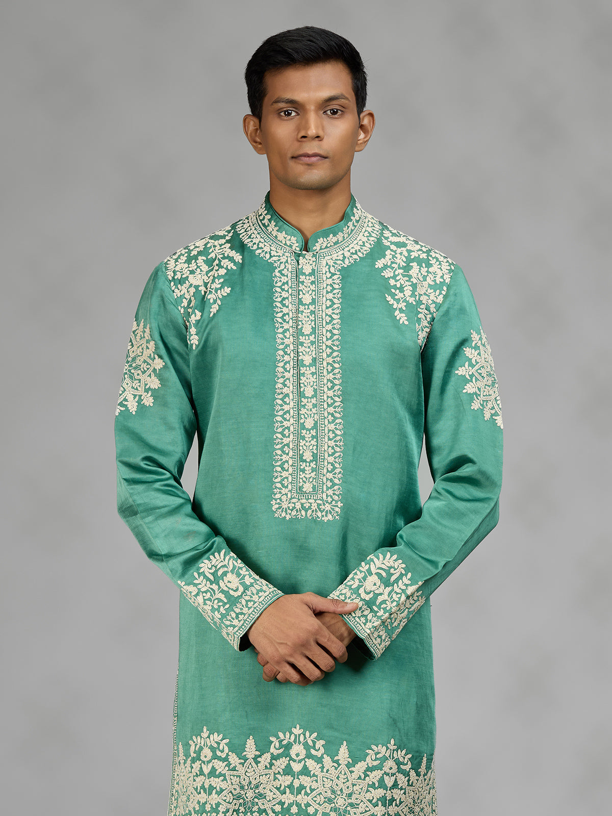 Green Kashmiri floral mens kurta suit