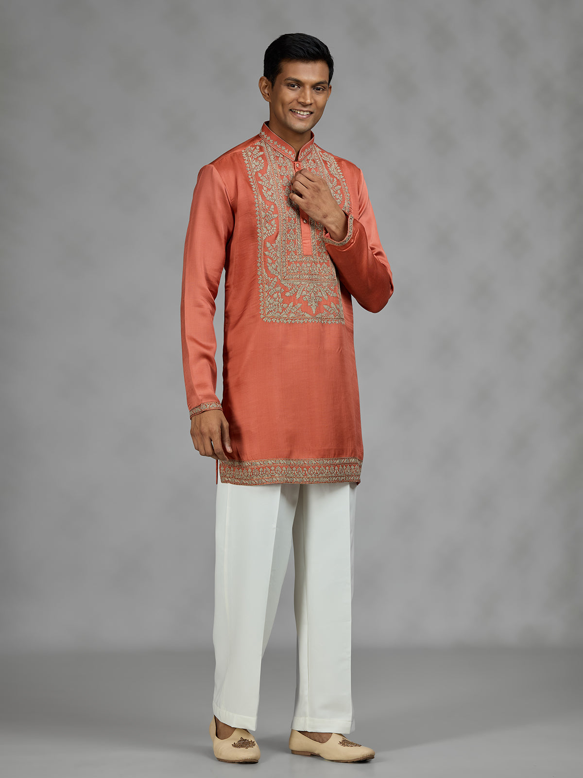 Rust orange antique gold mens kurta suit