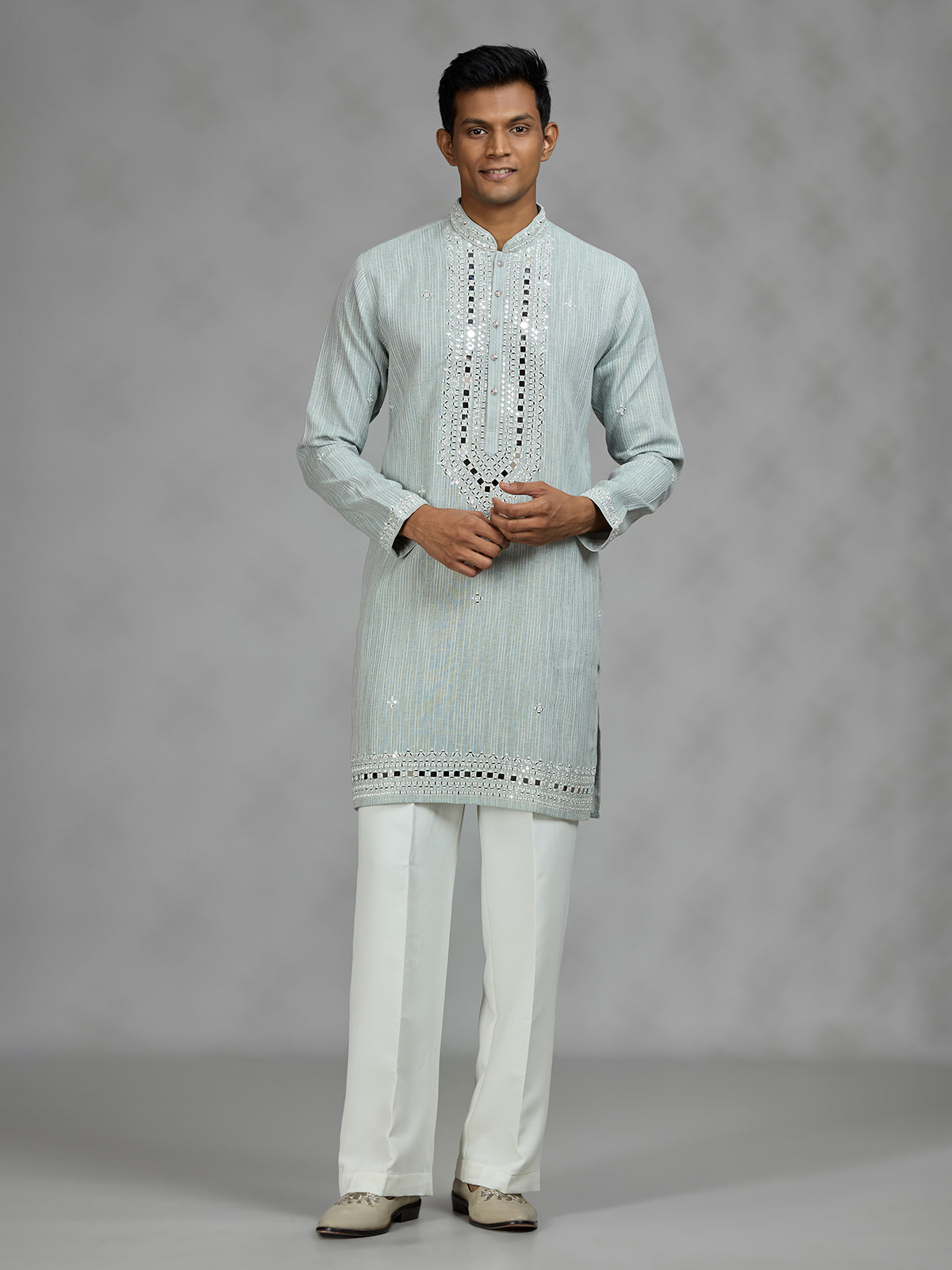 Pista green geometric mens kurta suit