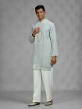 Pista green geometric mens kurta suit