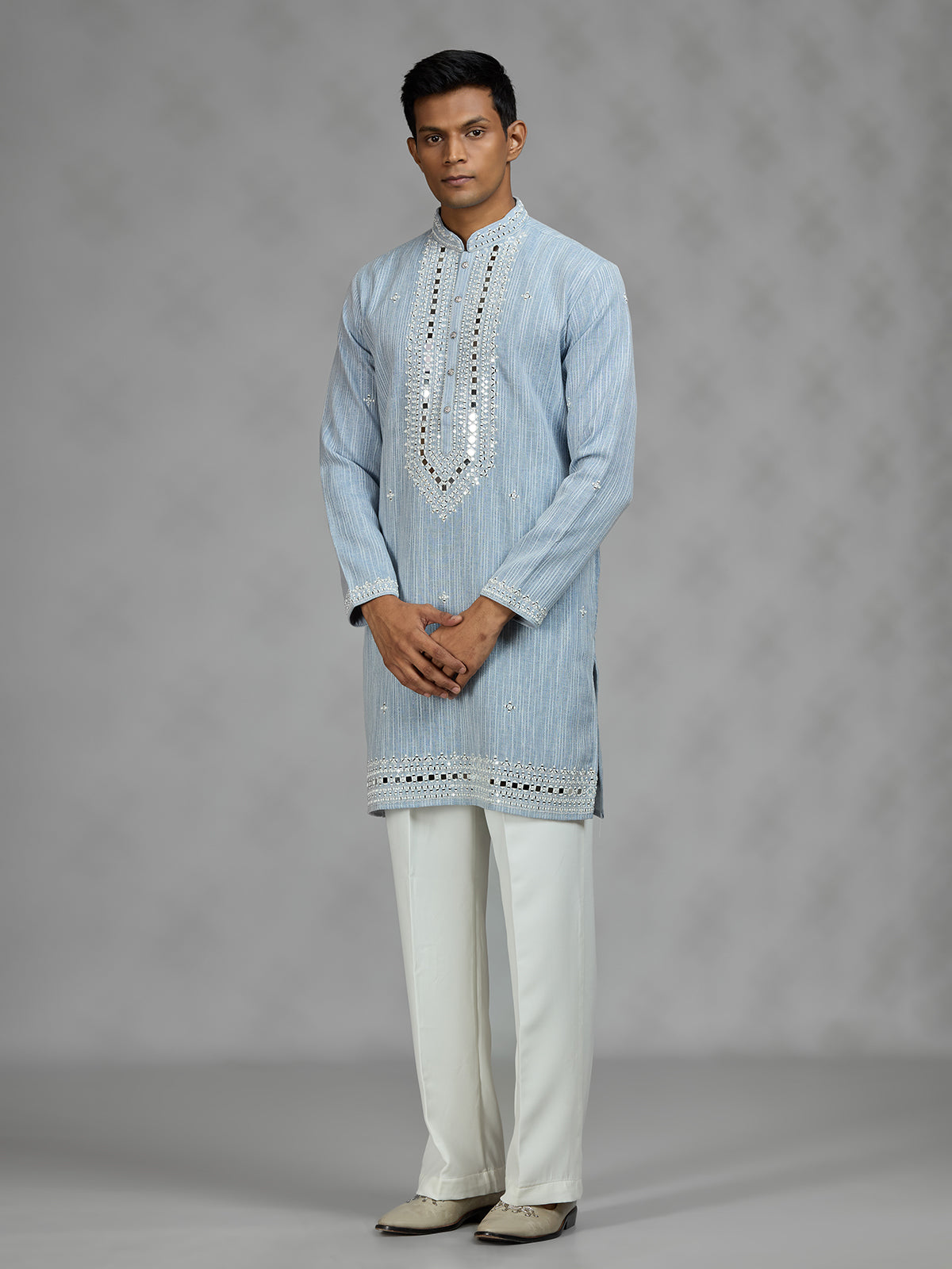 Mint blue geometric mens kurta suit