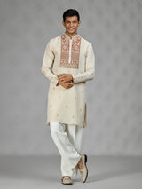 Cream floral grid mens kurta suit