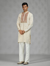 Cream floral grid mens kurta suit