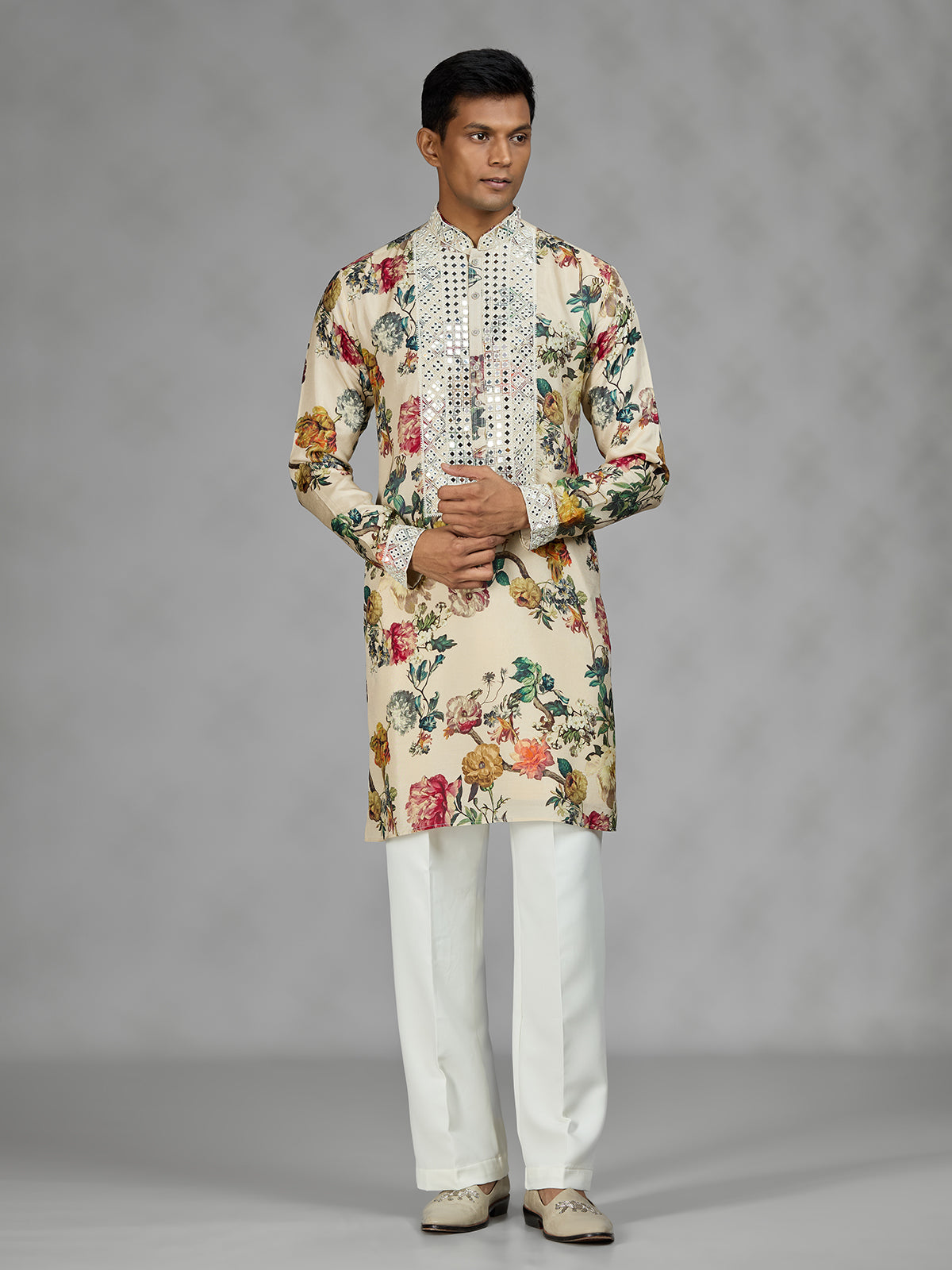 Cream vintage tapestry mens kurta suit