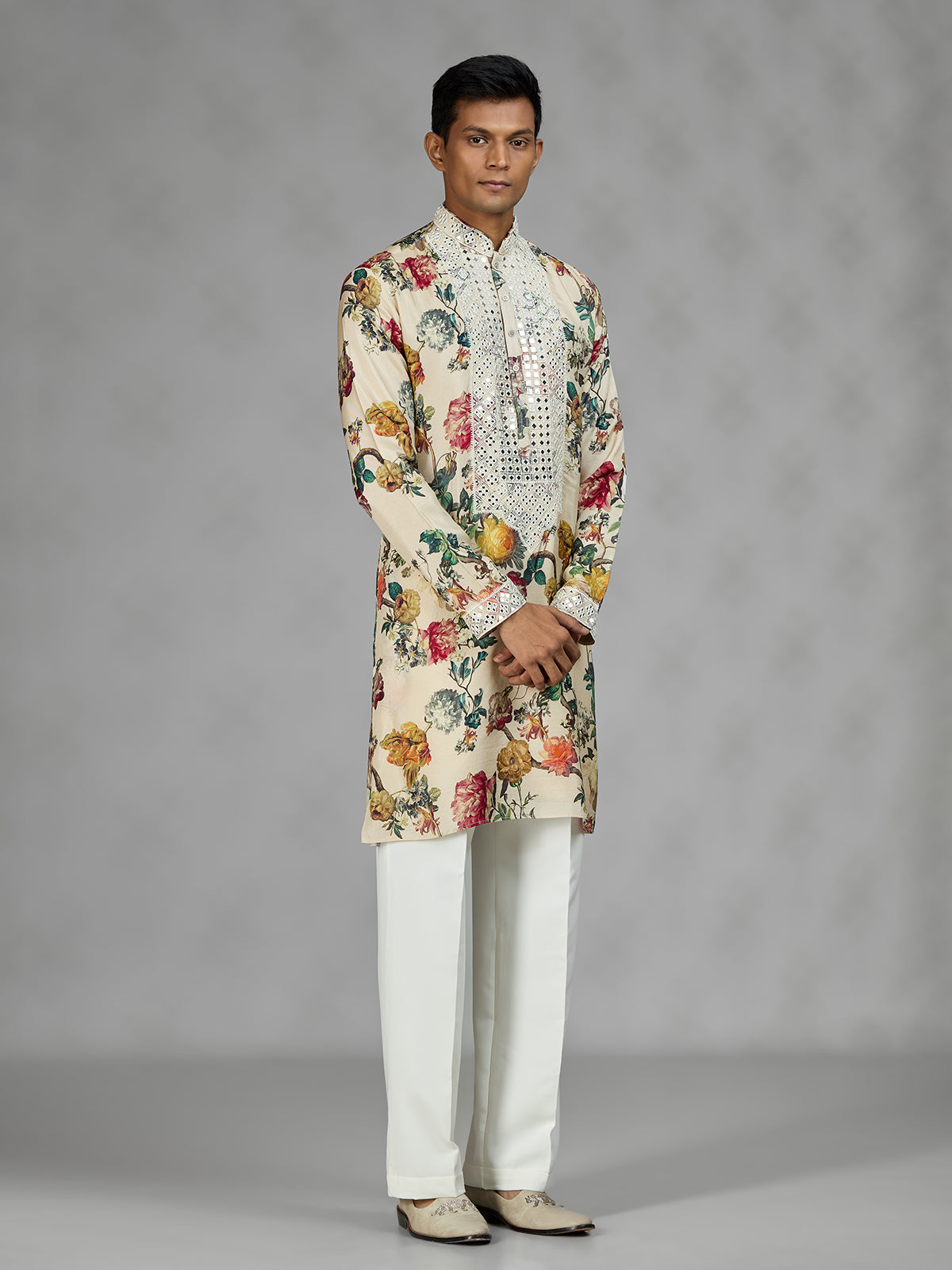 Cream vintage tapestry mens kurta suit