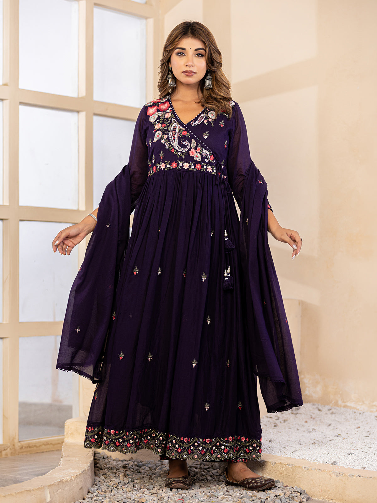 Deep royal purple angrakha women kurti set