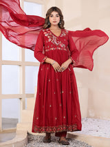 Deep ruby red floral women kurti set