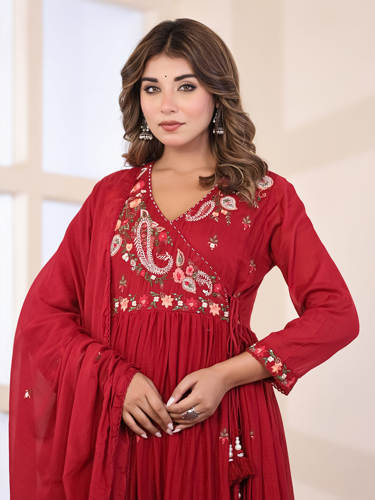 Deep ruby red floral women kurti set