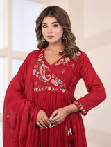 Deep ruby red floral women kurti set
