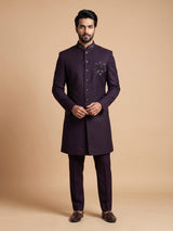 Deep wine tonal embellished crest indowestern suit for mens