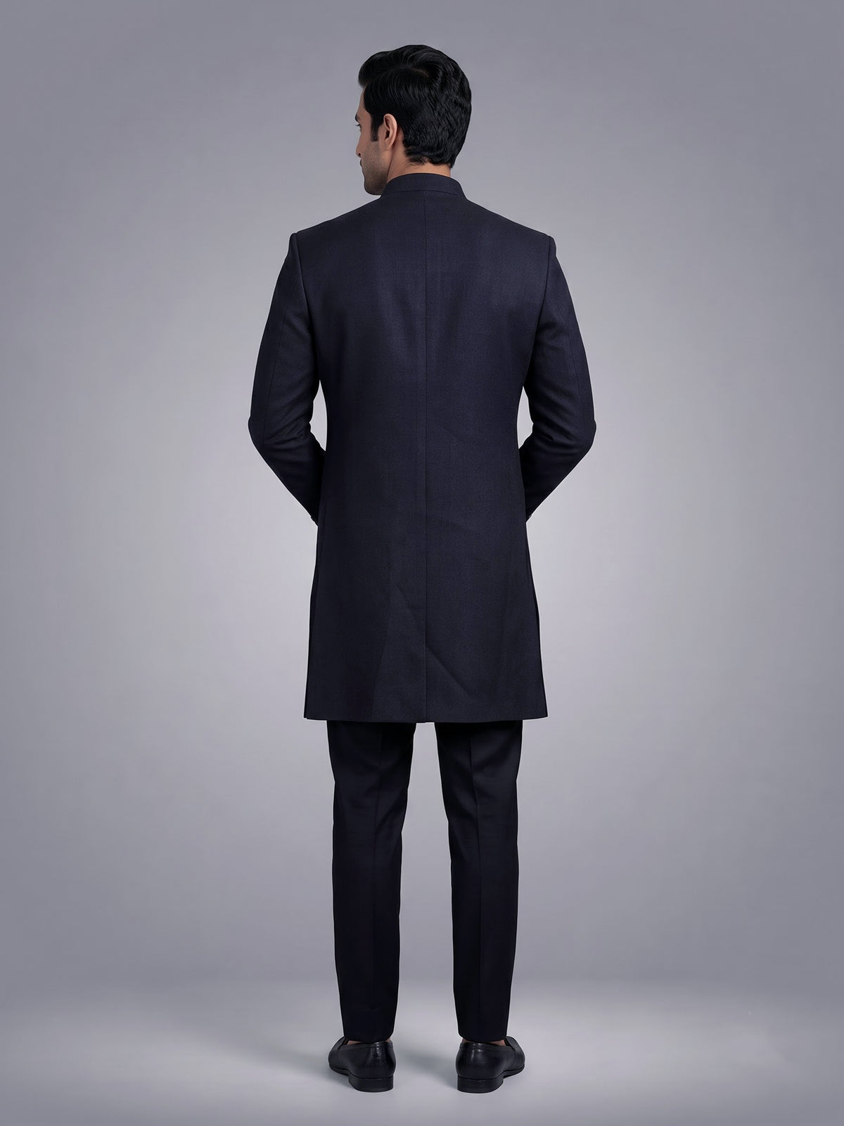 Deep navy embellished tonal crest indowestern suit for mens