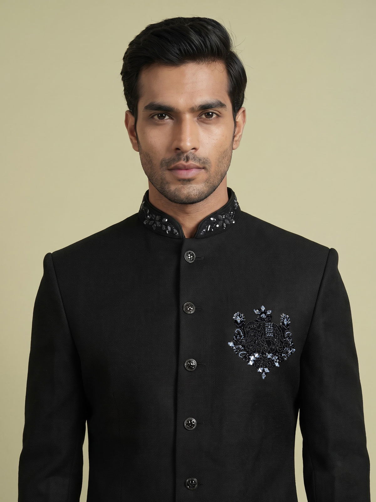 Black embellished tonal crest motif indowestern suit for mens
