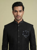 Black embellished tonal crest motif indowestern suit for mens