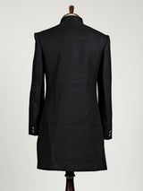 Black embellished tonal crest motif indowestern suit for mens