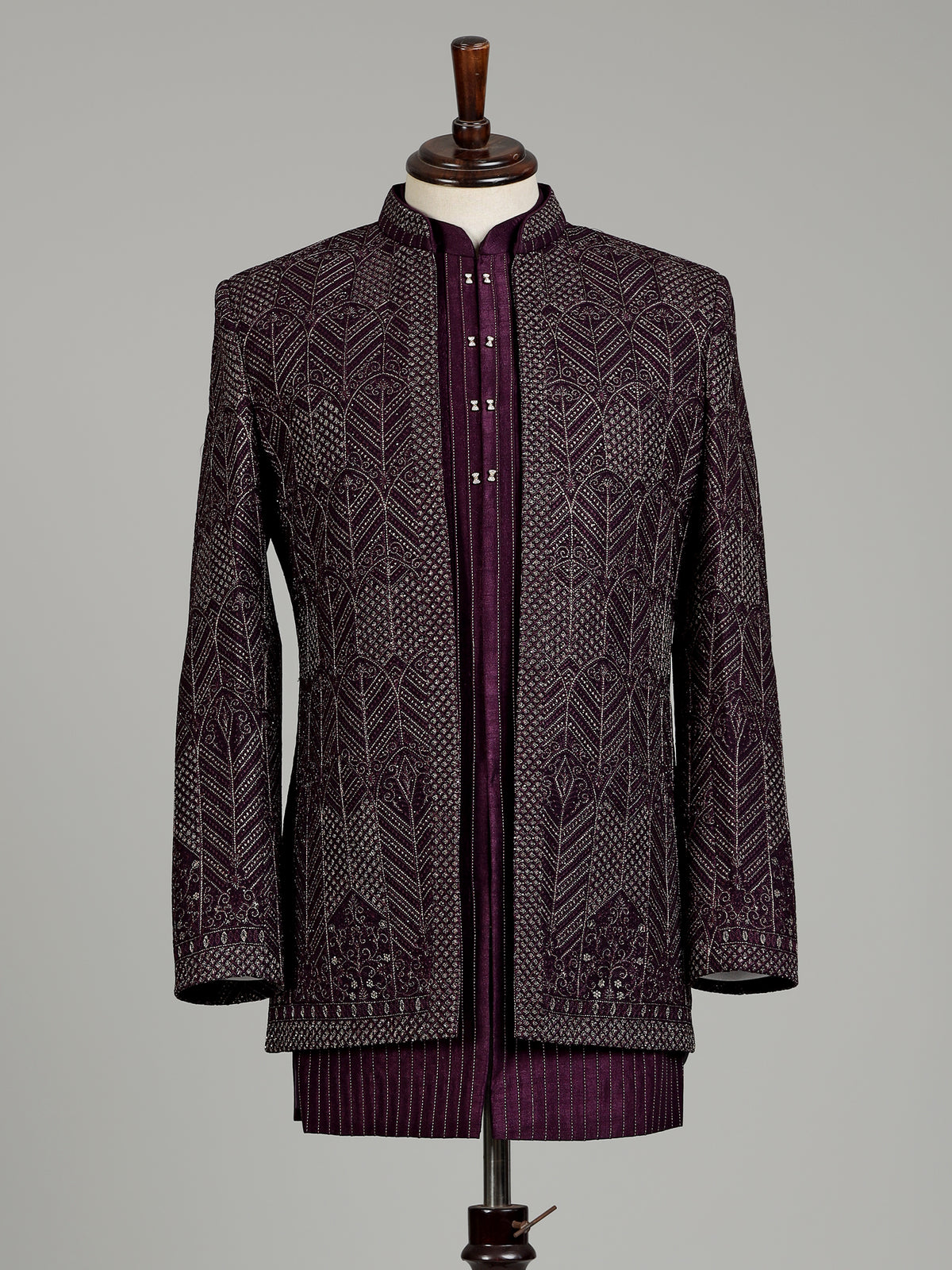 Deep wine embroidered layered indowestern suit for mens