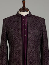 Deep wine embroidered layered indowestern suit for mens