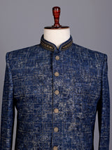 Blue jacquard silk premium mens indo western