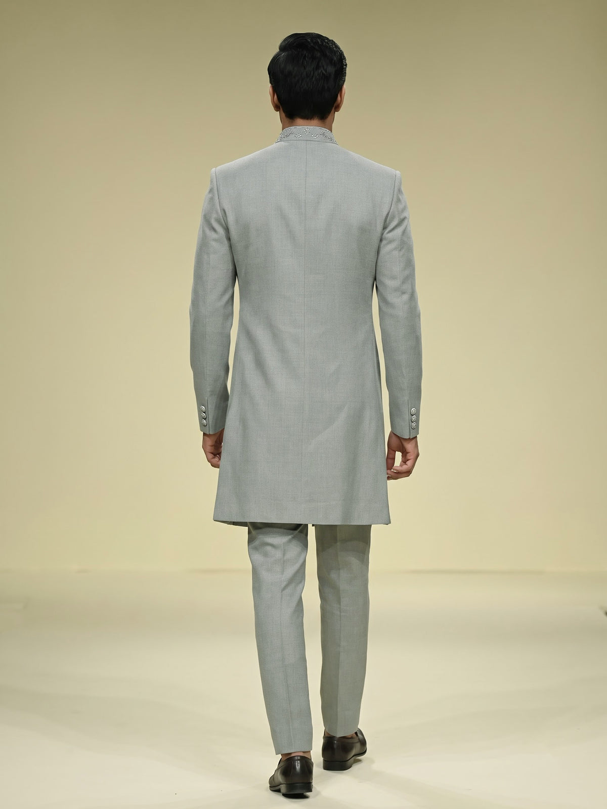 Pista green embellished crest motif indowestern suit for mens
