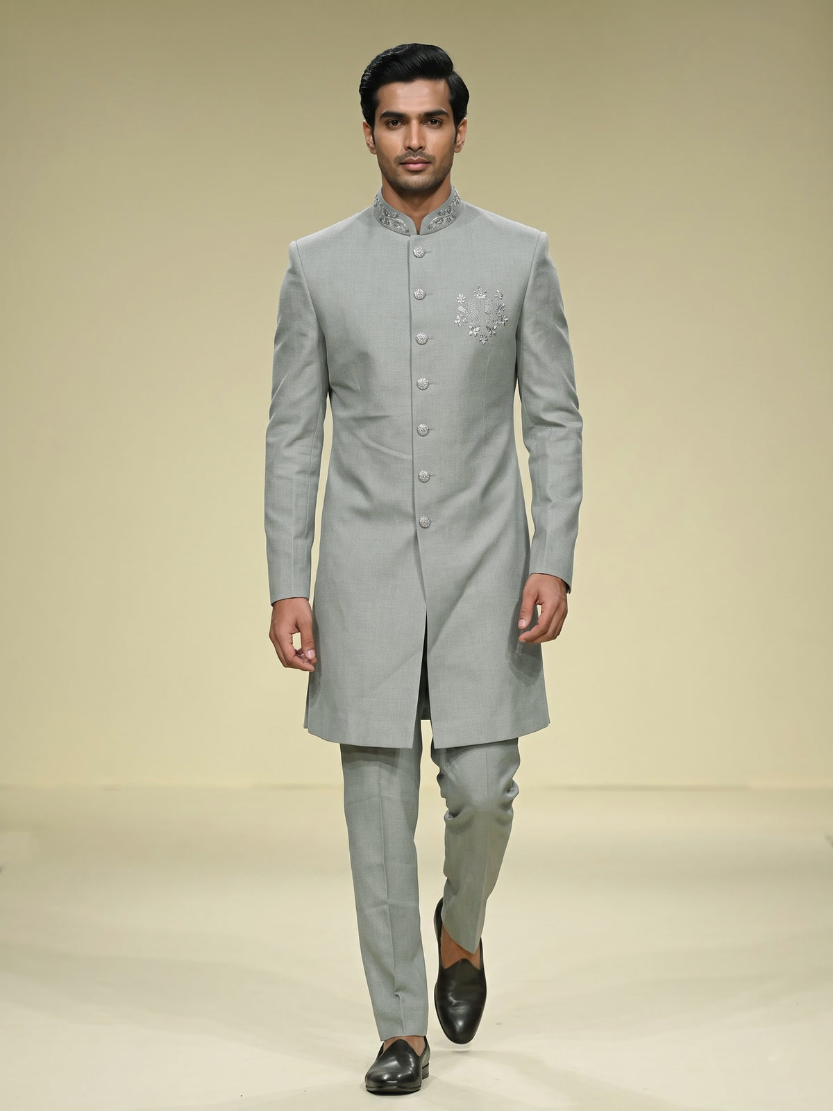 Pista green embellished crest motif indowestern suit for mens