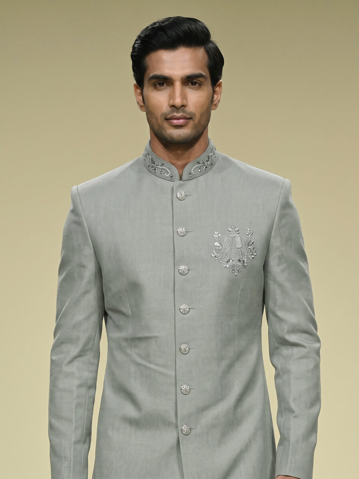Pista green embellished crest motif indowestern suit for mens