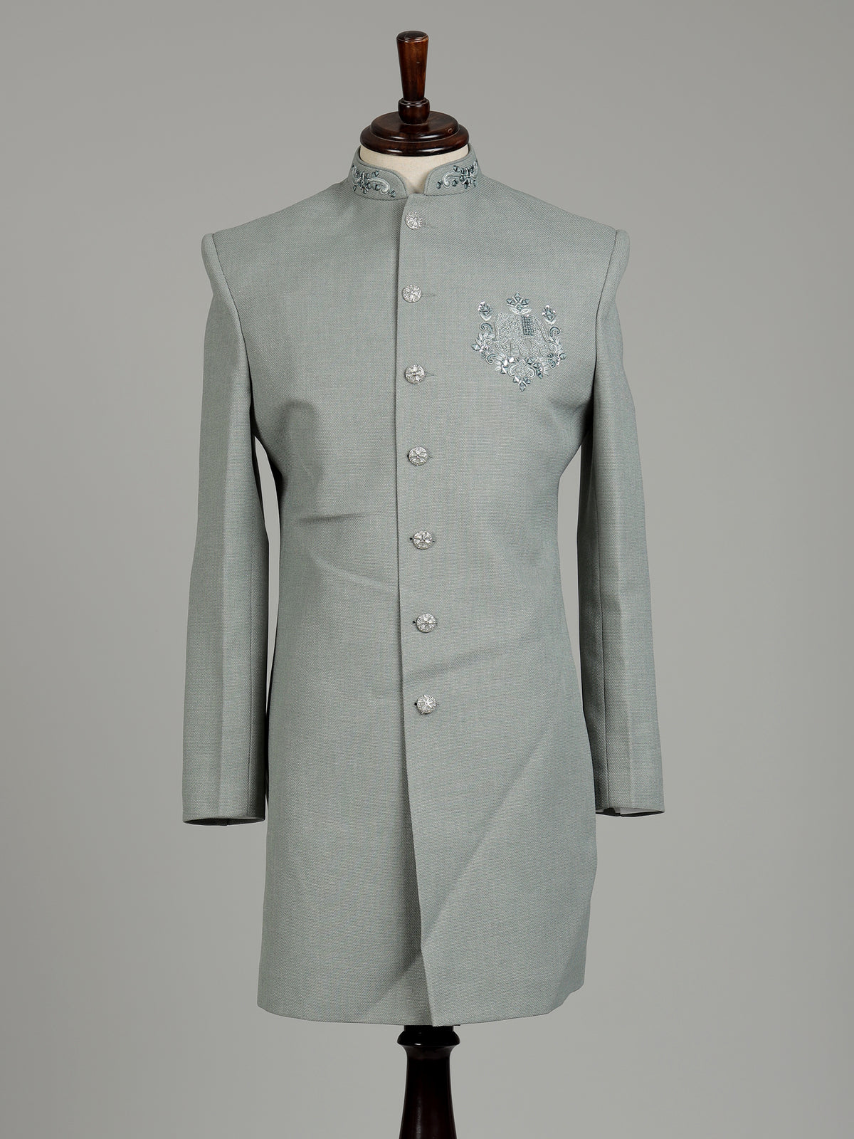 Pista green embellished crest motif indowestern suit for mens