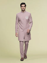 Dusty rose pink embellished crest motif indowestern suit for mens