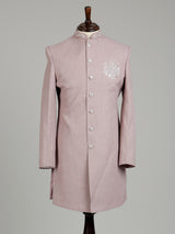 Dusty rose pink embellished crest motif indowestern suit for mens