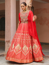 Red traditional printed lehenga choli with heavy work cape jacket