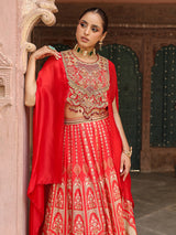 Red traditional printed lehenga choli with heavy work cape jacket