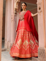 Red traditional printed lehenga choli with heavy work cape jacket