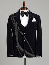 Black micro velvet embellished peak lapel coat suit for mens