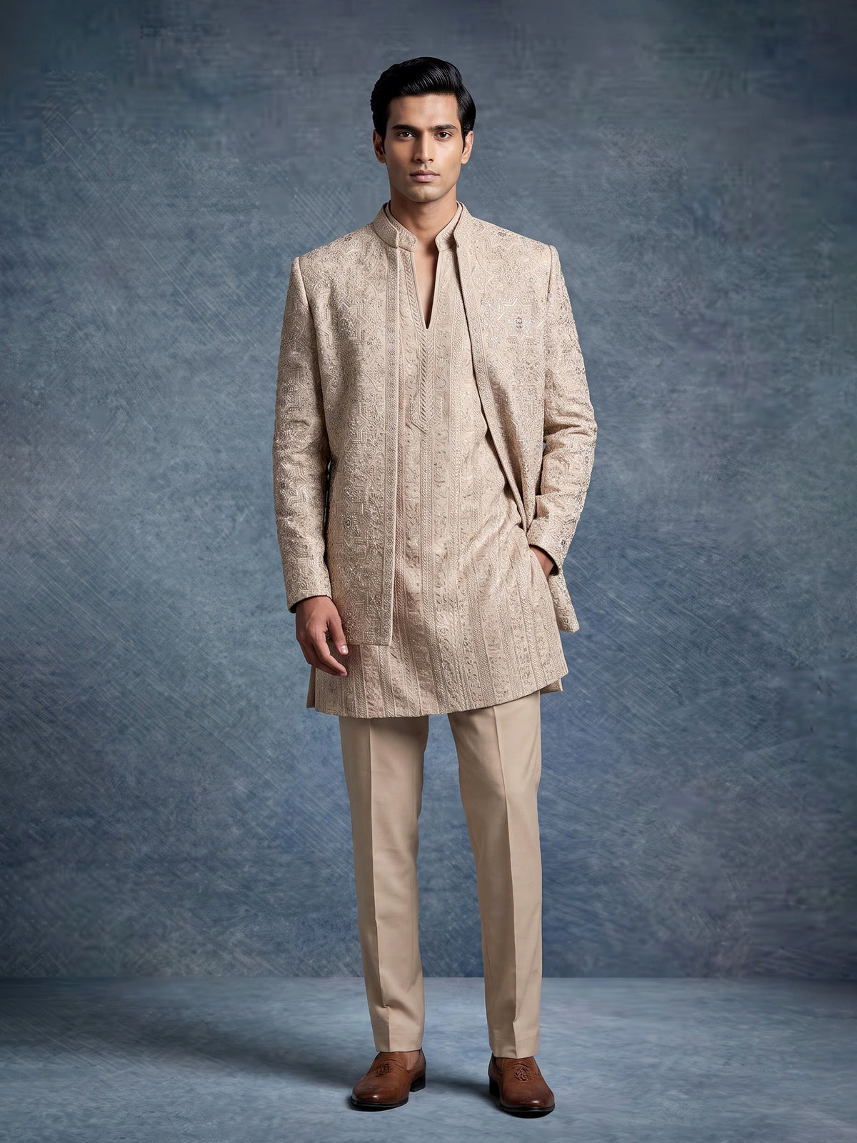 Beige Mughal mens indo western